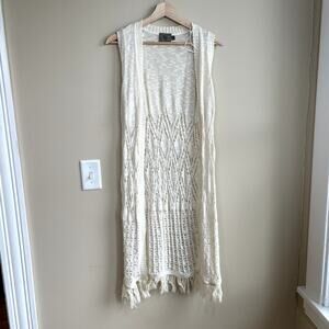 Sweet n Sinful beige longline sleeveless cardigan vest knit lace women's size L